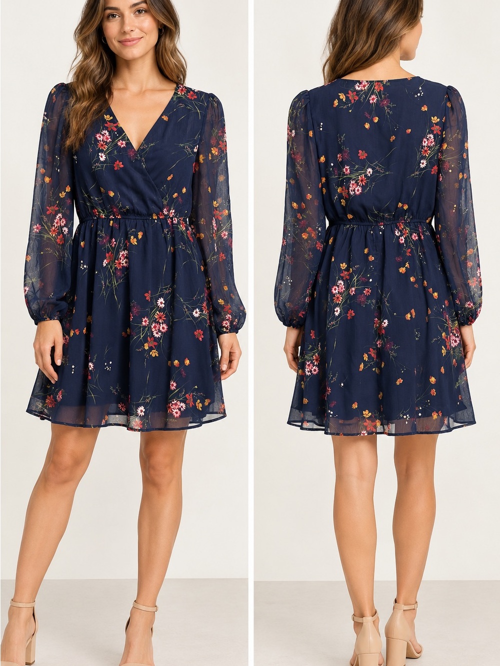 Cupshe Navy Floral Long Sleeve Wrap Dress